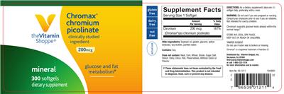 Photo of the The Vitamin Shoppe Chromax Chromium Picolinate 200 mcg label
