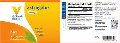 Photo of the The Vitamin Shoppe Astragalus 500 mg label