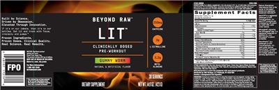 Photo of the GNC Beyond Raw LIT Gummy Worm label