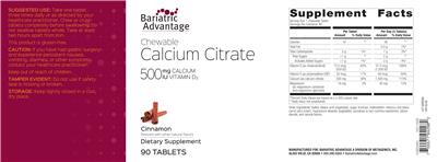 Photo of the Bariatric Advantage Chewable Calcium Citrate 500 mg Calcium 500 IU Vitamin D3 Cinnamon label