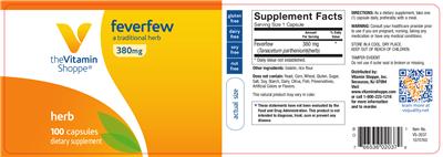 Photo of the The Vitamin Shoppe Feverfew 380 mg label
