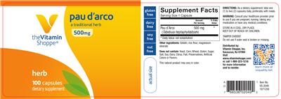 Photo of the The Vitamin Shoppe Pau D'Arco 500 mg label