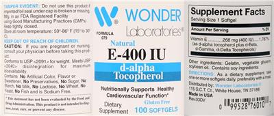 Photo of the Wonder Laboratories Natural E-400 IU label