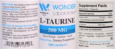 Photo of the Wonder Laboratories L-Taurine 500 mg label