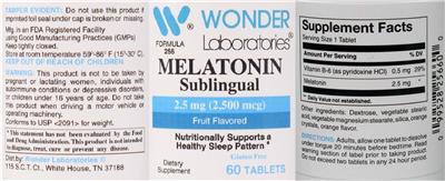 Photo of the Wonder Laboratories Melatonin Sublingual 2.5 mg (2,500 mcg) Fruit Flavored label