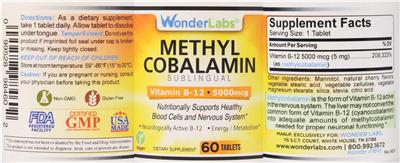 Photo of the Wonder Labs Methyl Cobalamin 5000 mcg label