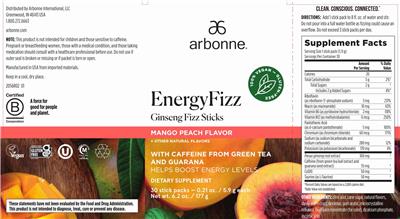 Photo of the Arbonne EnergyFizz Mango Peach Flavor label