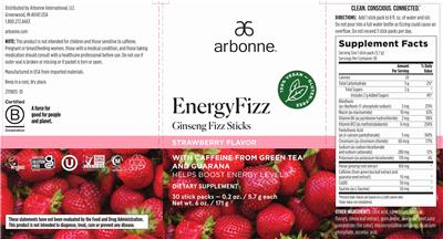 Photo of the Arbonne EnergyFizz Strawberry Flavor label