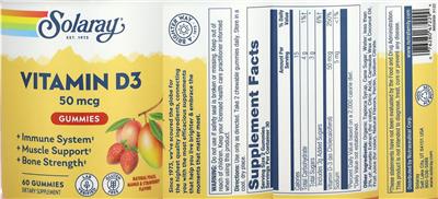 Photo of the Solaray Vitamin D3 Gummies 50 mcg Natural Peach, Mango & Strawberry Flavors label