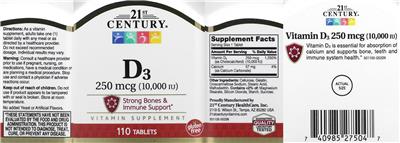 Photo of the 21st Century D3 250 mcg (10,000 IU) label