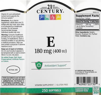 Photo of the 21st Century E 180 mg (400 IU) label