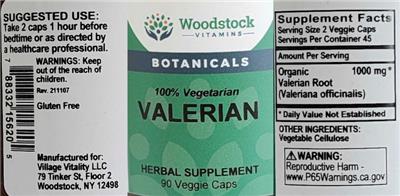 Photo of the Woodstock Vitamins Valerian label