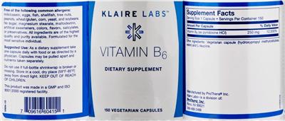 Photo of the Klaire Labs Vitamin B6 label
