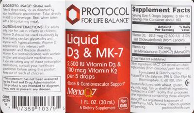 Photo of the Protocol For Life Balance Liquid D3 & MK-7 label