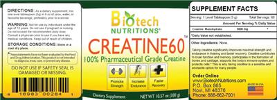 Photo of the Biotech Nutritions Creatine60 label