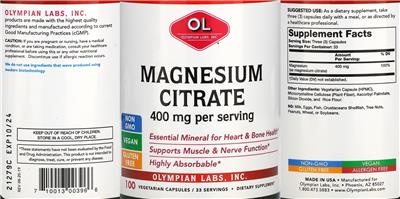 Photo of the OL Olympian Labs Magnesium Citrate 400 mg label