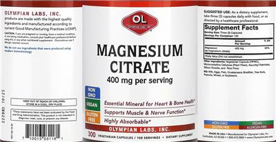 Photo of the OL Olympian Labs Magnesium Citrate 400 mg label