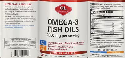 Photo of the OL Olympian Labs Omega-3 Fish Oils label