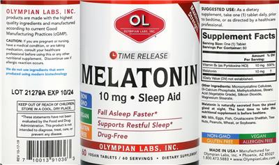 Photo of the OL Olympian Labs Melatonin 10 mg label
