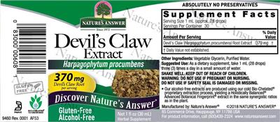 Photo of the Nature's Answer Devil's Claw Extract 370 mg Alcohol-Free label