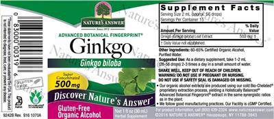 Photo of the Nature's Answer Ginkgo 500 mg label