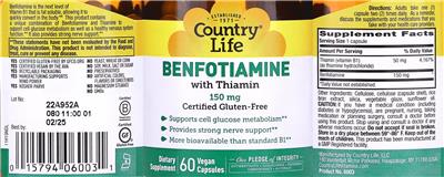 Photo of the Country Life Benfotiamine 150 mg with Thiamin label