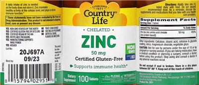 Photo of the Country Life Chelated Zinc 50 mg label
