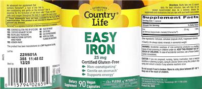 Photo of the Country Life Easy Iron 25 mg label