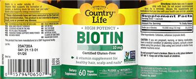 Photo of the Country Life High Potency Biotin 10 mg label