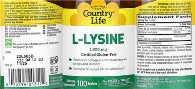 Photo of the Country Life L-Lysine 1,000 mg label