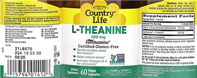 Photo of the Country Life L-Theanine 200 mg label