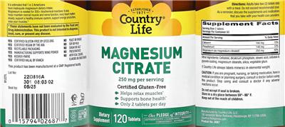 Photo of the Country Life Magnesium Citrate 250 mg label