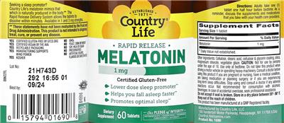 Photo of the Country Life Melatonin 1 mg Rapid Release label