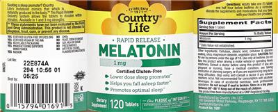 Photo of the Country Life Melatonin 1 mg Rapid Release label