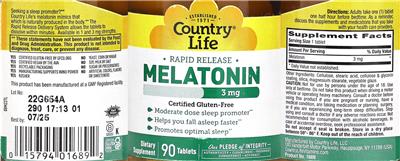 Photo of the Country Life Melatonin 3 mg Rapid Release label
