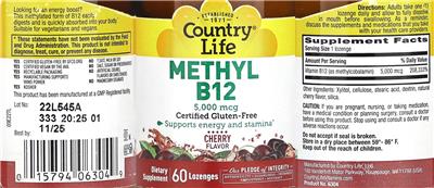 Photo of the Country Life Methyl B12 5,000 mcg Cherry Flavor label