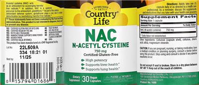 Photo of the Country Life NAC N-Acetyl Cysteine 750 mg label