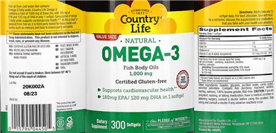 Photo of the Country Life Omega-3 Fish Body Oils 1000 mg label
