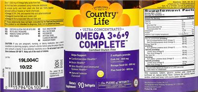Photo of the Country Life Ultra Concentrated Omega 3-6-9 Complete Natural Lemon Flavored label