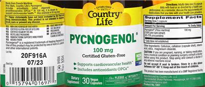 Photo of the Country Life Pycnogenol 100 mg label