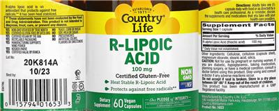 Photo of the Country Life R-Lipoic Acid 100 mg label