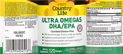 Photo of the Country Life Ultra Omegas DHA/EPA label