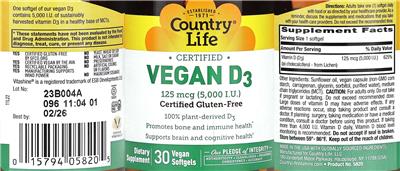 Photo of the Country Life Certified Vegan D3 125 mcg (5,000 IU) label