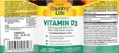 Photo of the Country Life Vitamin D3 250 mcg (10,000 IU) label