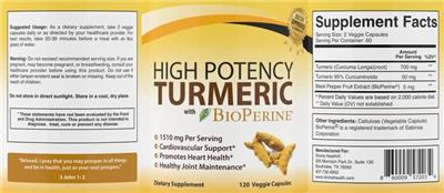 Photo of the Divine Health High Potency Turmeric with Bioperine label