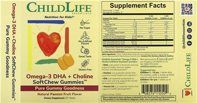 Photo of the ChildLife Essentials Omega-3 DHA + Choline SoftChew Gummies Natural Passion Fruit Flavor label