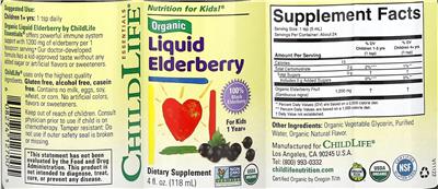 Photo of the ChildLife Essentials Organic Liquid Elderberry label
