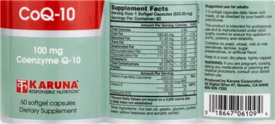 Photo of the Karuna CoQ-10 100 mg label