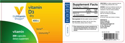 Photo of the The Vitamin Shoppe Vitamin D3 Dry 400 IU label