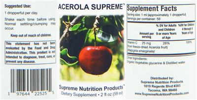 Photo of the Supreme Nutrition Products Acerola Supreme label